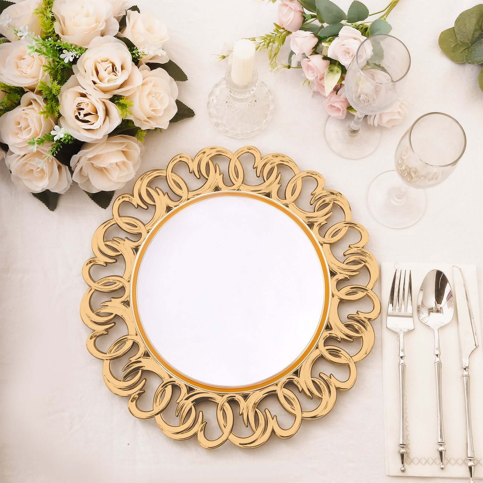 Alternative view of 6-Pack Plastic Charger Plates 13" Round Gold with Entwined Swirl Rim - Plastic Disposable Decorative Chargers